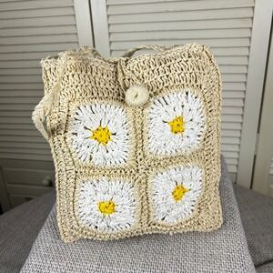 Retro Beige Daisy Crochet Tote Vintage Style Straw Festival Bag Boutique Bag